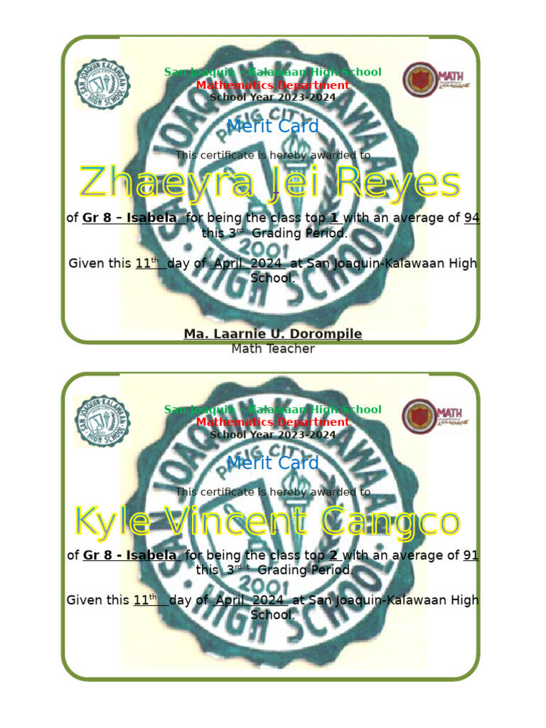 Merit Card Isabela Q3 | PDF | Mathematics | Science