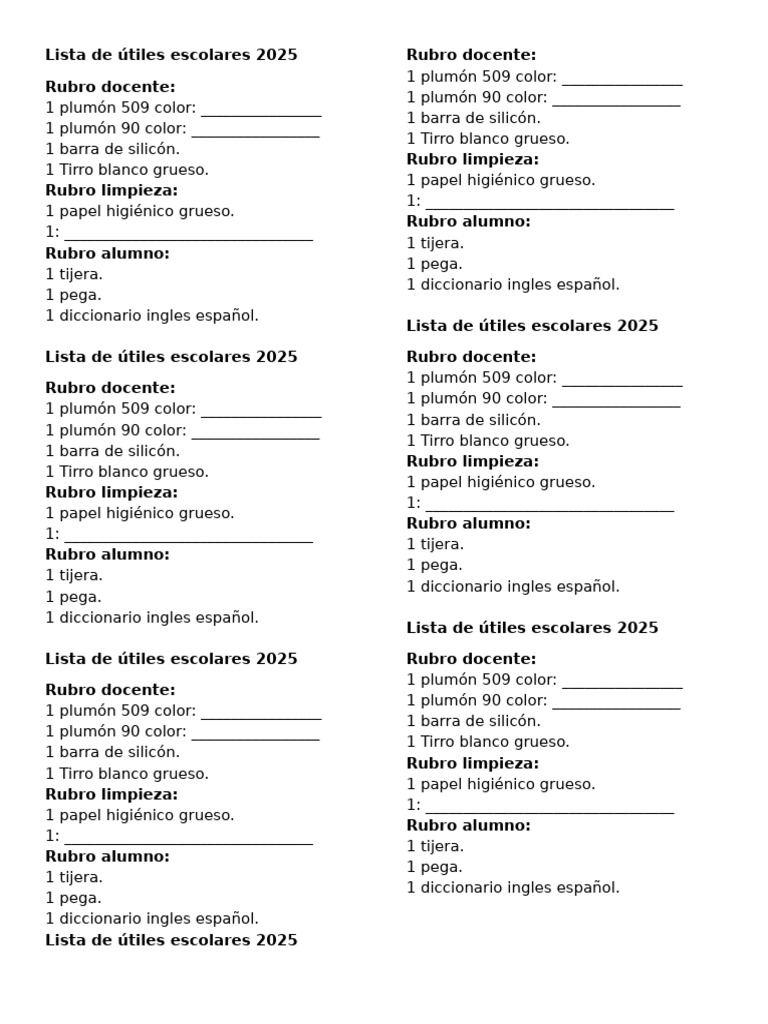 Lista de Útiles Escolares 2025 | PDF | Materiales de impresión | Baño