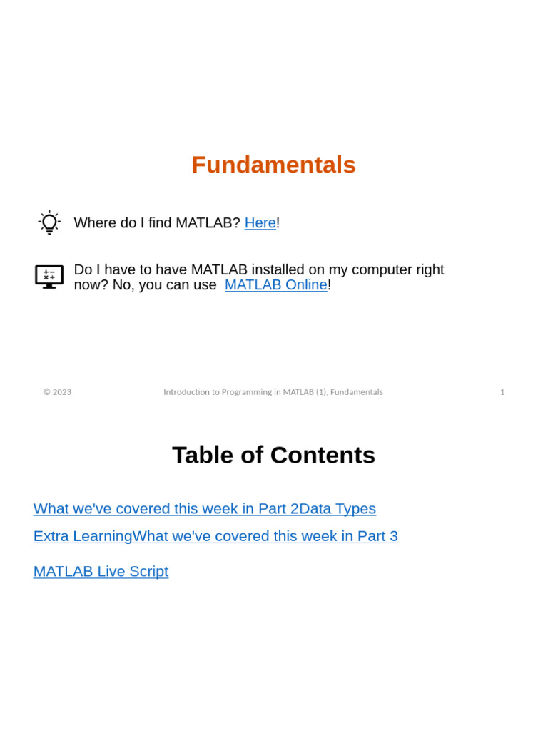 Week 1 Part 3 Fundamentals | PDF | Data Type | Matlab