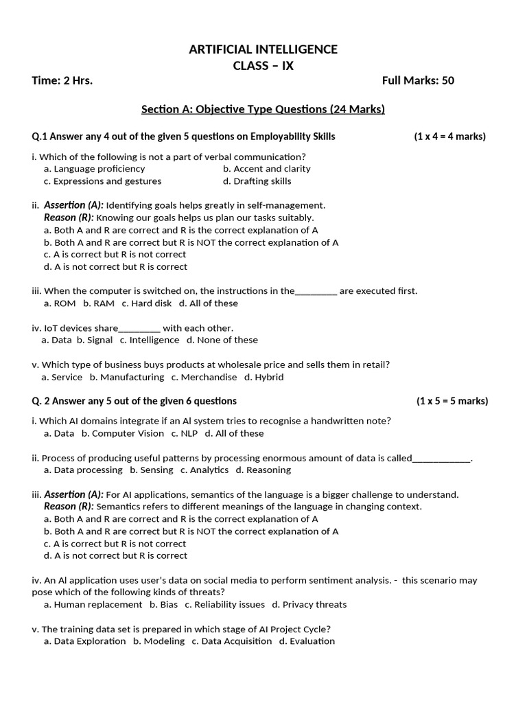 Class IX Artificial Intelligence Exam Guide | PDF | Artificial ...