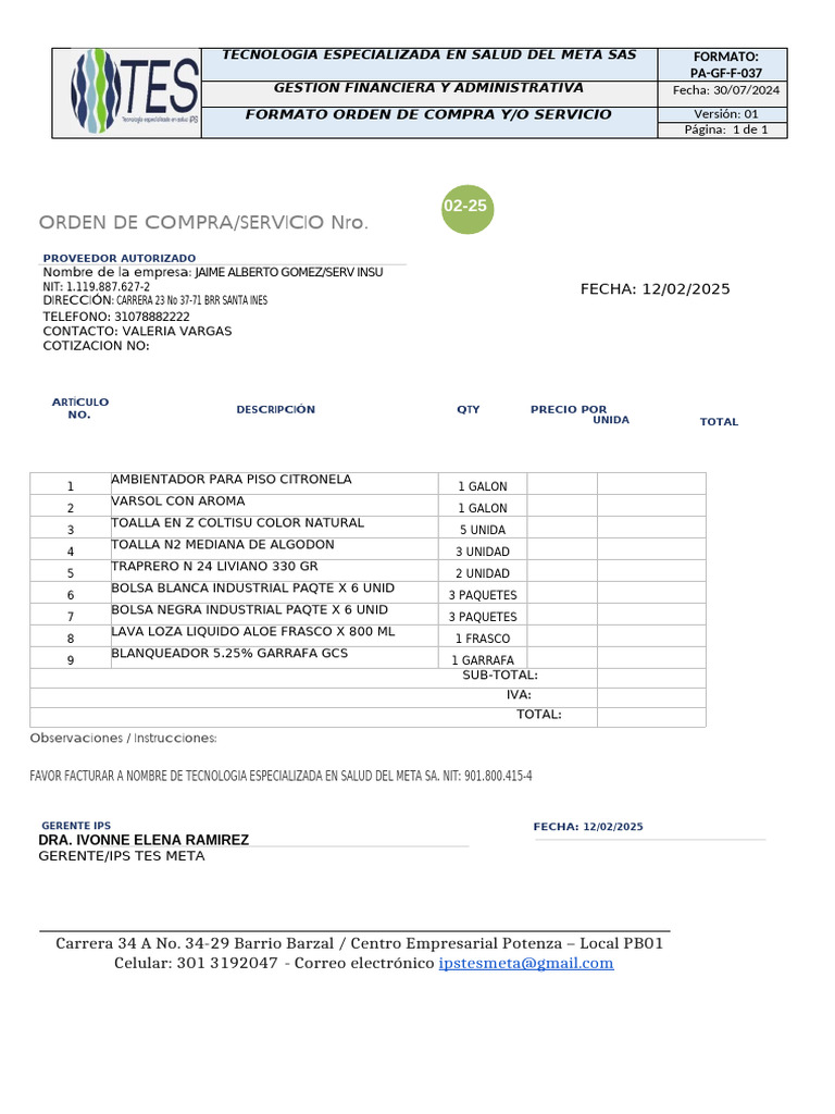 Orden de Compra para Proveedor de Salud | PDF