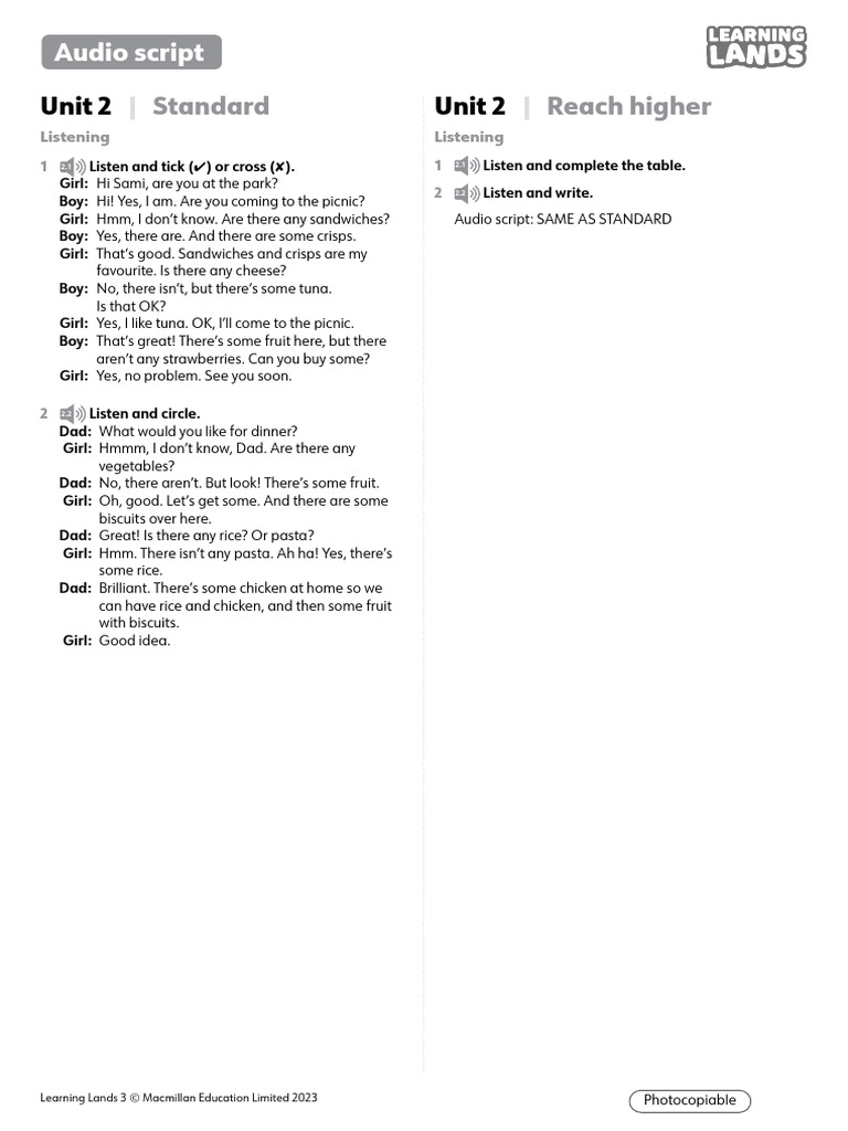 Learning Lands 3 Tests U02 Audio Script | PDF