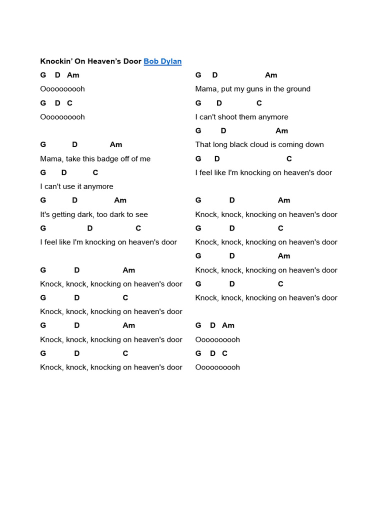 Knockin' On Heaven's Door Lyrics PDF