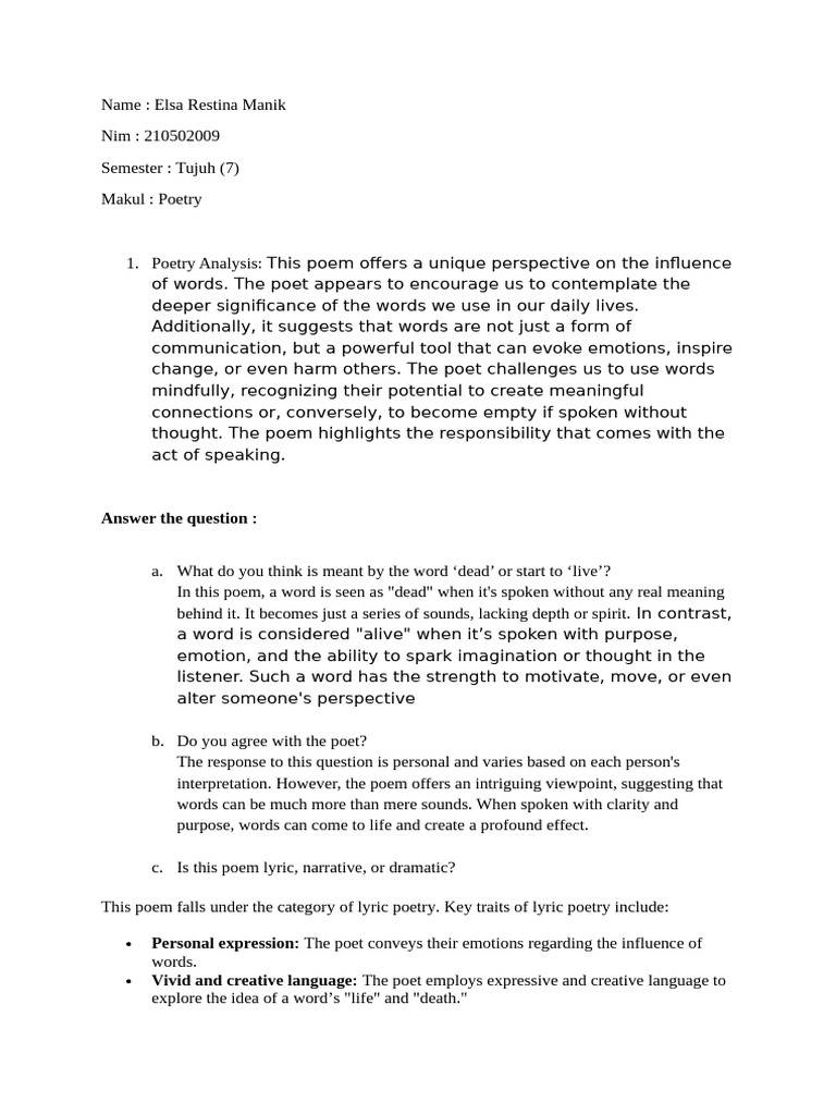 Poetry Analysis: Words and Nature's Impact | PDF | Poetry | Emotions
