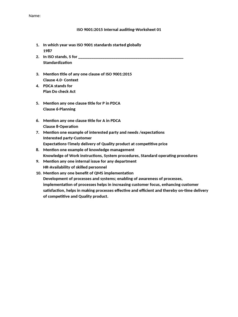 ISO 9001:2015 Internal Audit Worksheets | PDF | International ...
