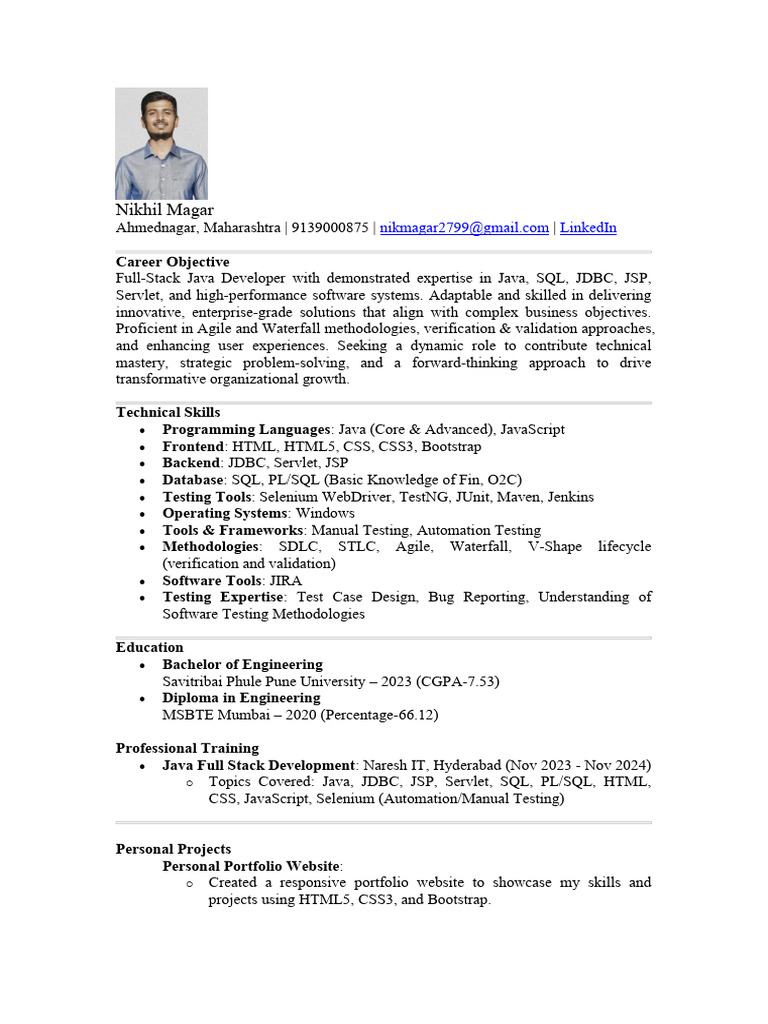 Nikhil Magar: Full-Stack Java Developer | PDF | Java (Programming ...