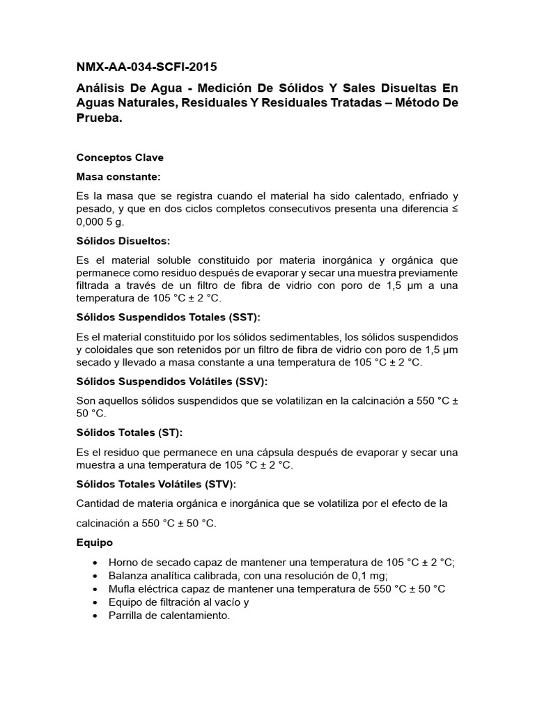 Análisis de Sólidos en Agua NMX-AA-034 | PDF | Filtración | Agua