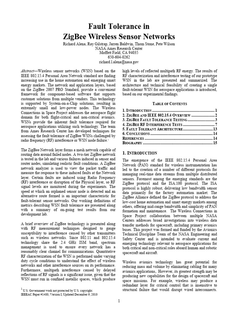 Fault Tolerance in Zigbee Wireless Sensor Networks | PDF | Computer ...