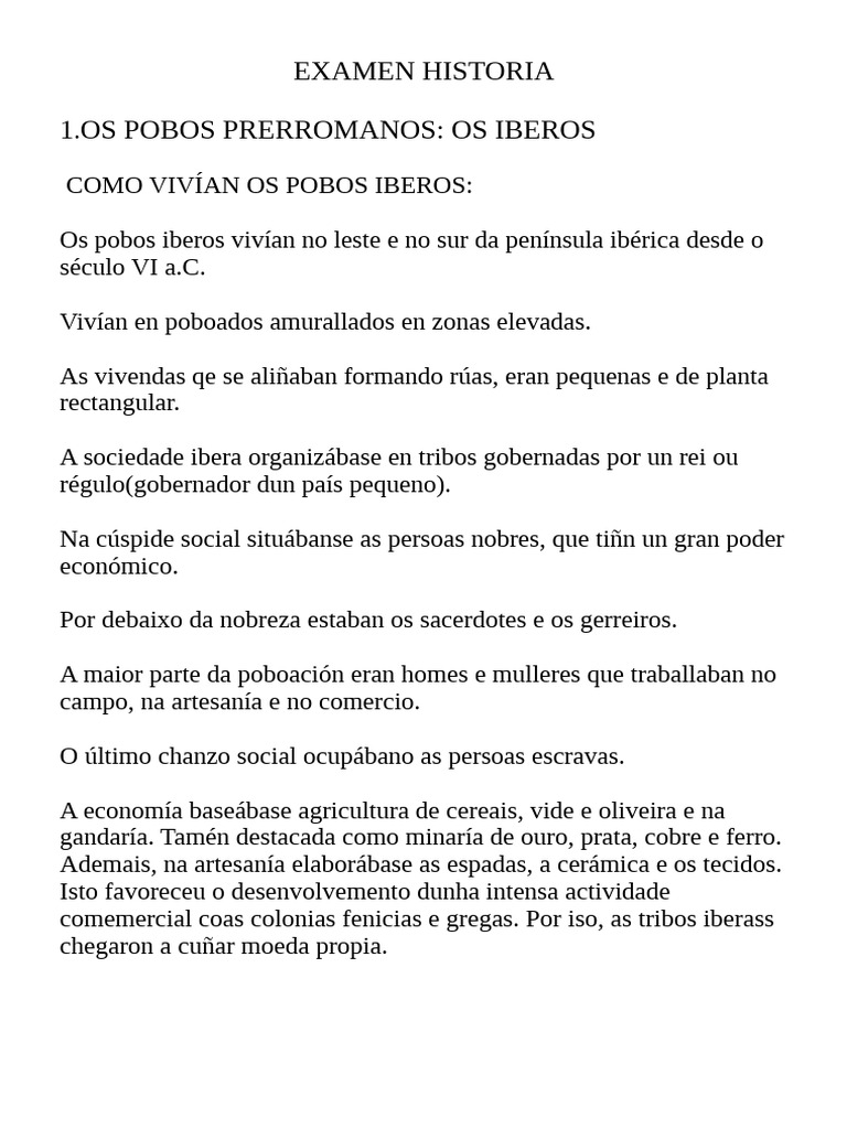 Examen Historia 1 Os Pobos Prerromanos: Os Iberos | PDF