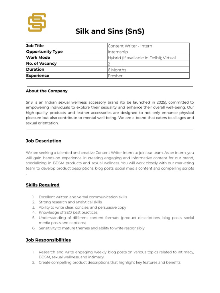 Content Writer Intern - SnS | PDF | Internship | Job Hunting