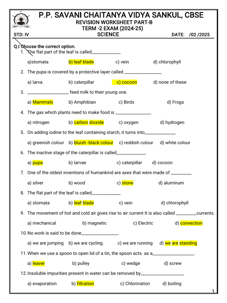 Science Revision Worksheet for Std IV | PDF | Leaf | Water