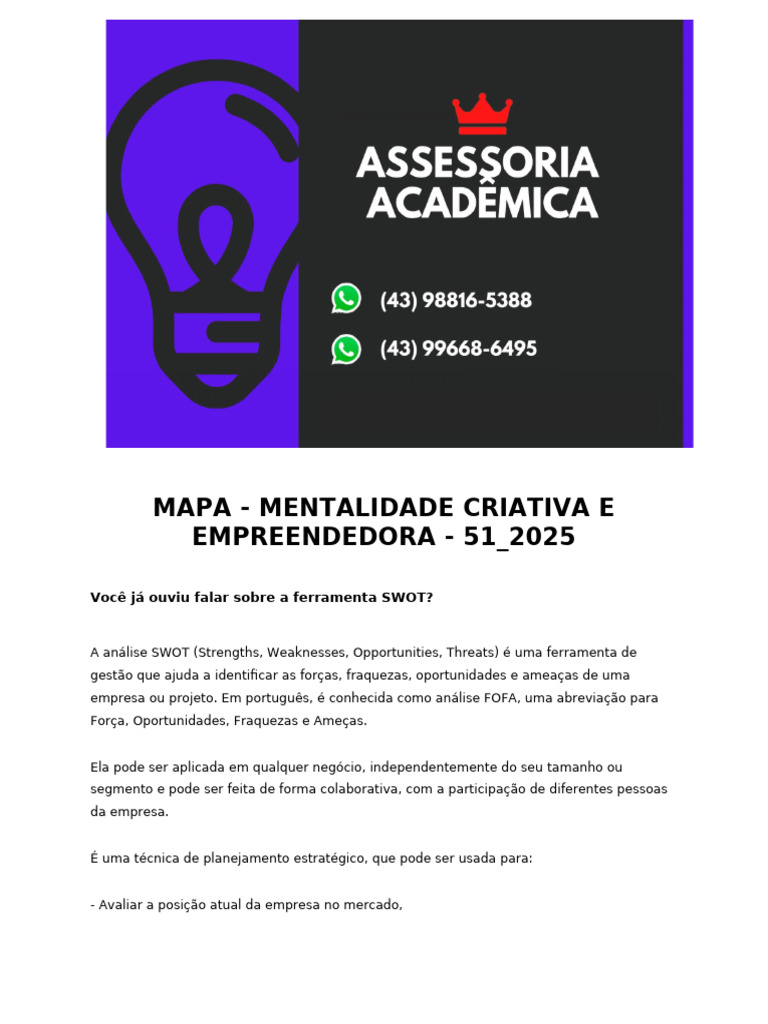 Mapa - Mentalidade Criativa e Empreendedora - 51 - 2025 | PDF | Análise ...