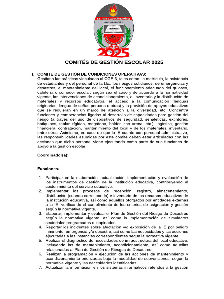 Funciones de Comités de Gestión Escolar 2025 | PDF | Escuelas | Maestros