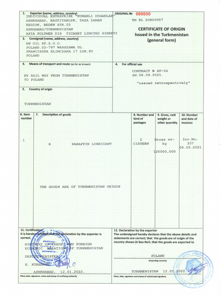 Turkmenistan Certificate of Origin Document | PDF | Business Documents