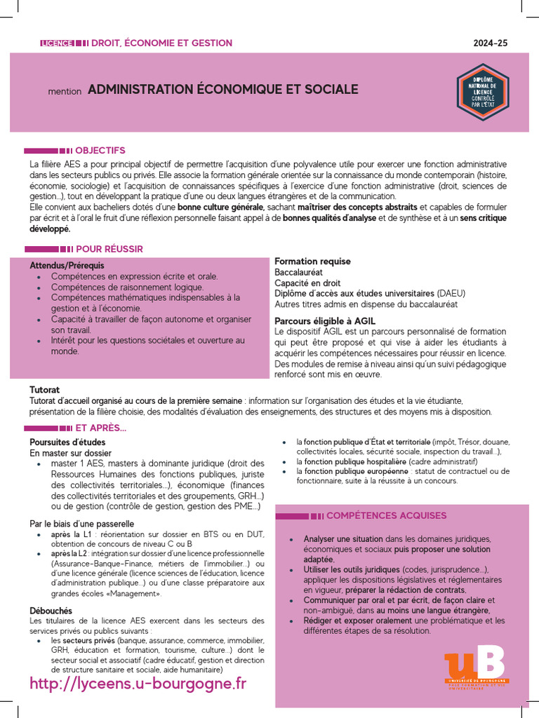 Licence AES à Dijon Objectifs et Débouchés PDF Économie Banques — free download