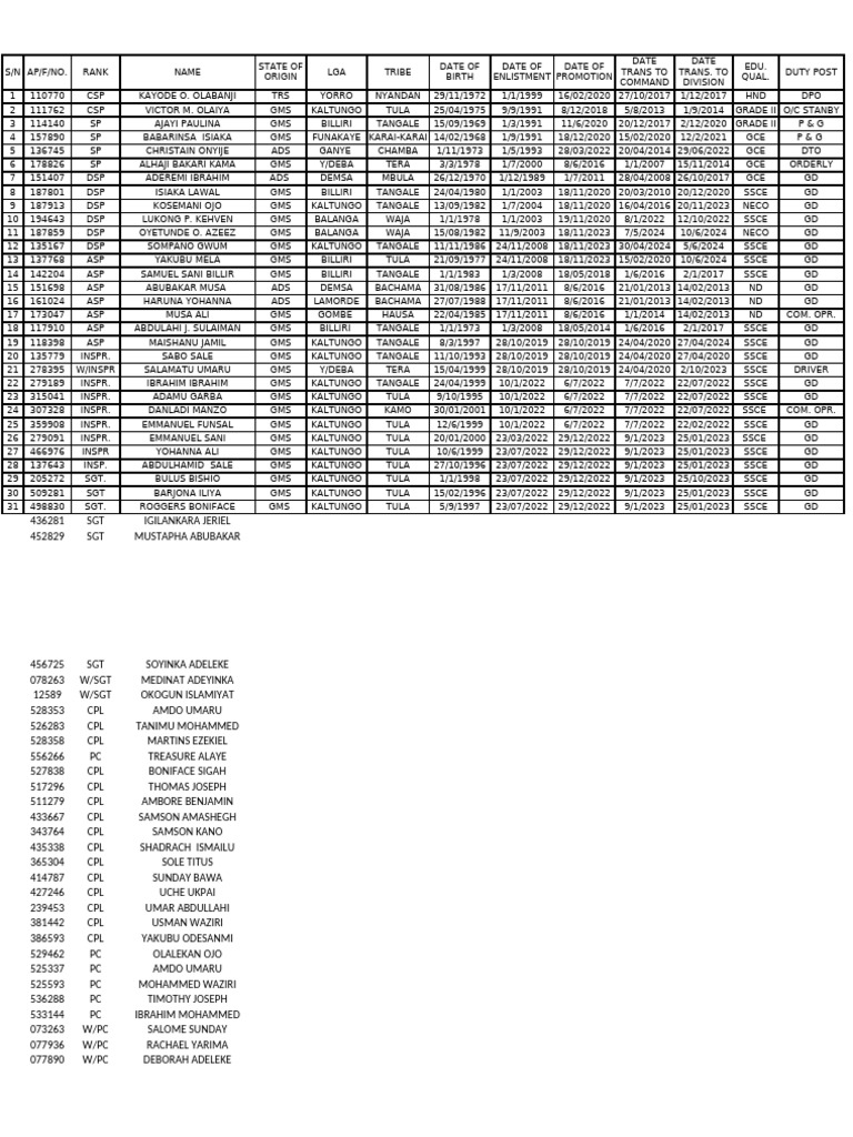 Police Personnel Roster and Details | PDF