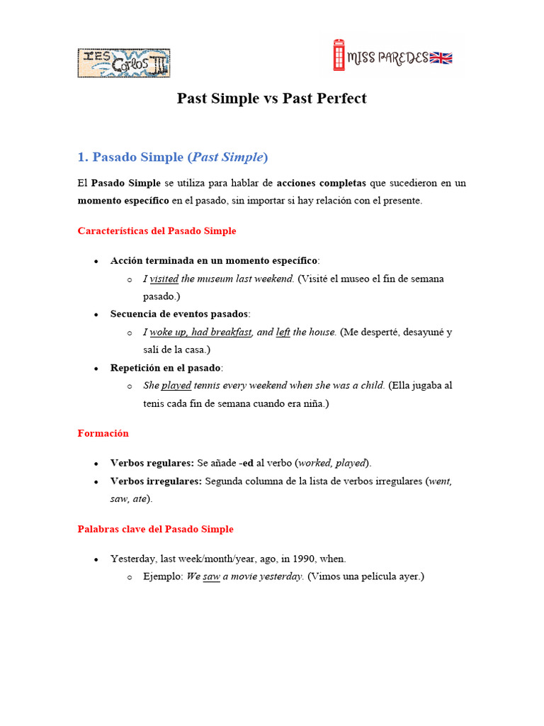 Comparativa: Pasado Simple y Perfecto | PDF | Mecánica del lenguaje ...