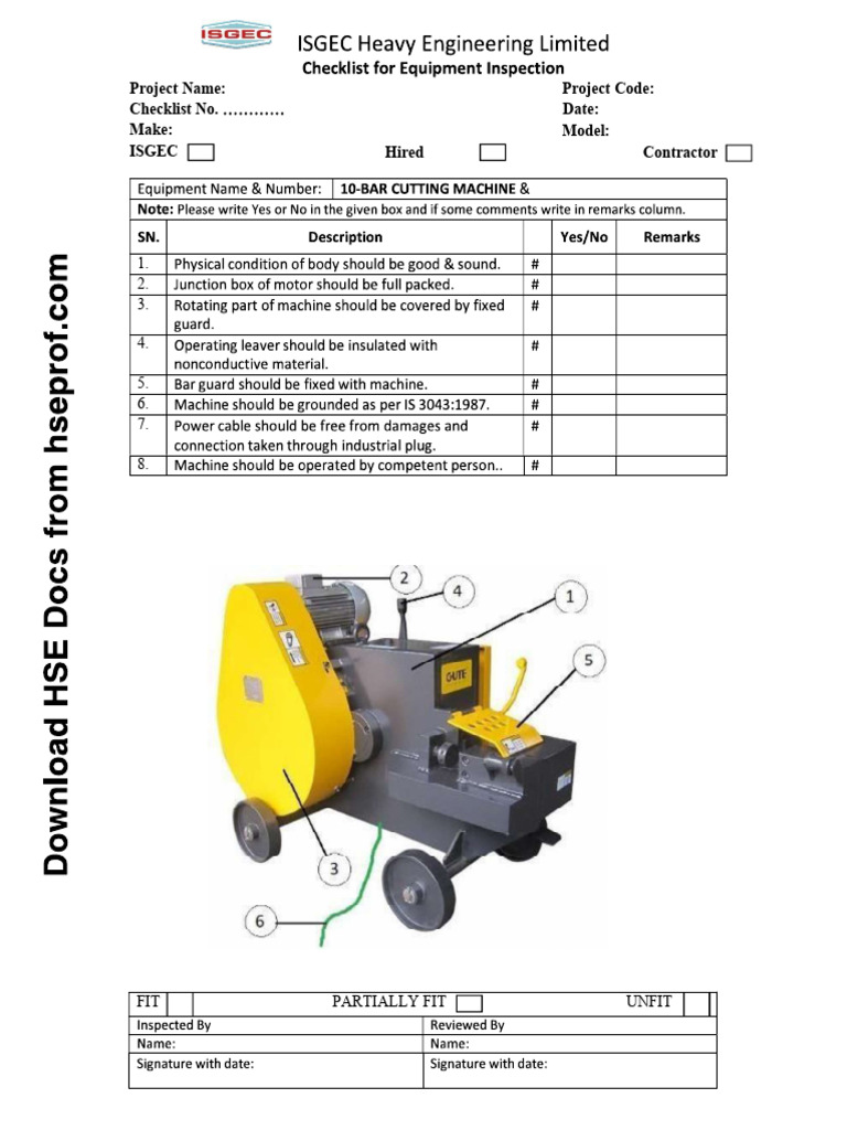 Cutting Machine Inspection Checklist | PDF