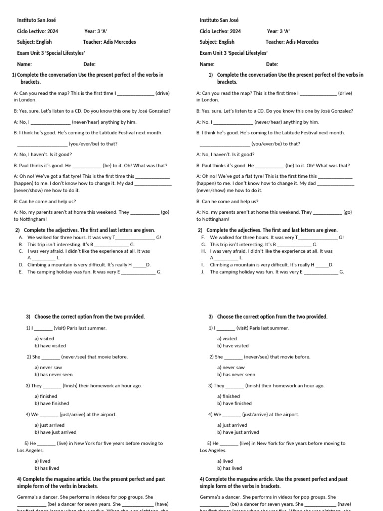 English Exam: Present Perfect Practice | PDF | Linguistics