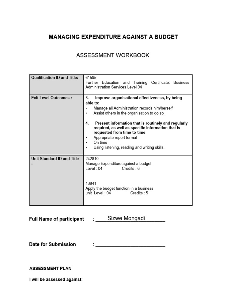 Budget Management Assessment Workbook | PDF | Budget | Expense