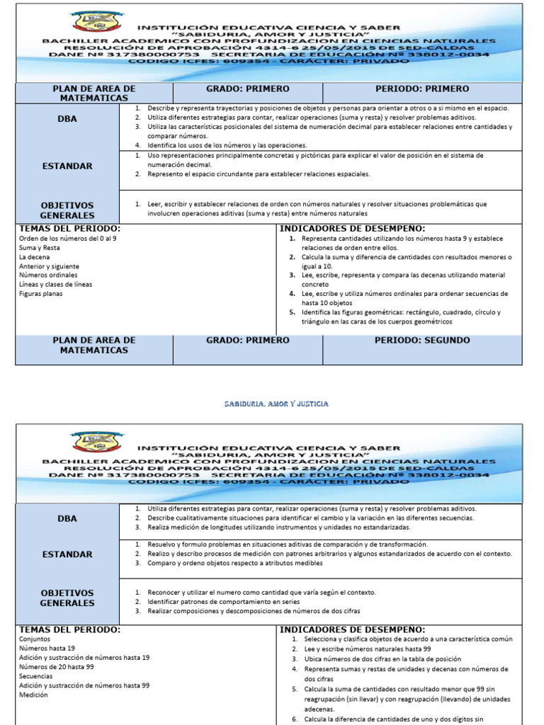 Plan de Matemáticas para Primer Grado | PDF | Sustracción | Comunicación