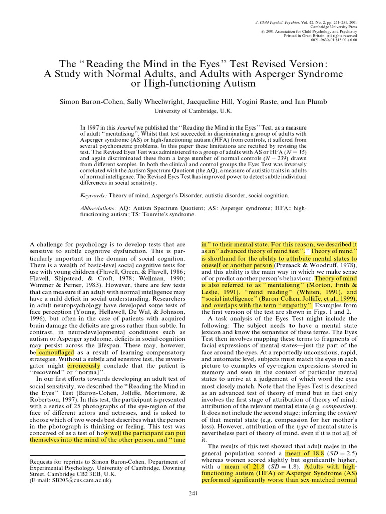 Revised Eyes Test for Autism Study | PDF | Asperger Syndrome | Theory ...