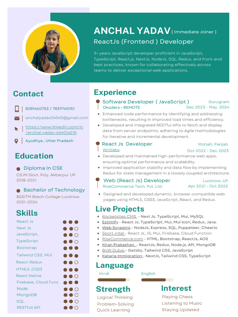 ReactJS Developer with 3+ Years Experience | PDF | Java Script ...