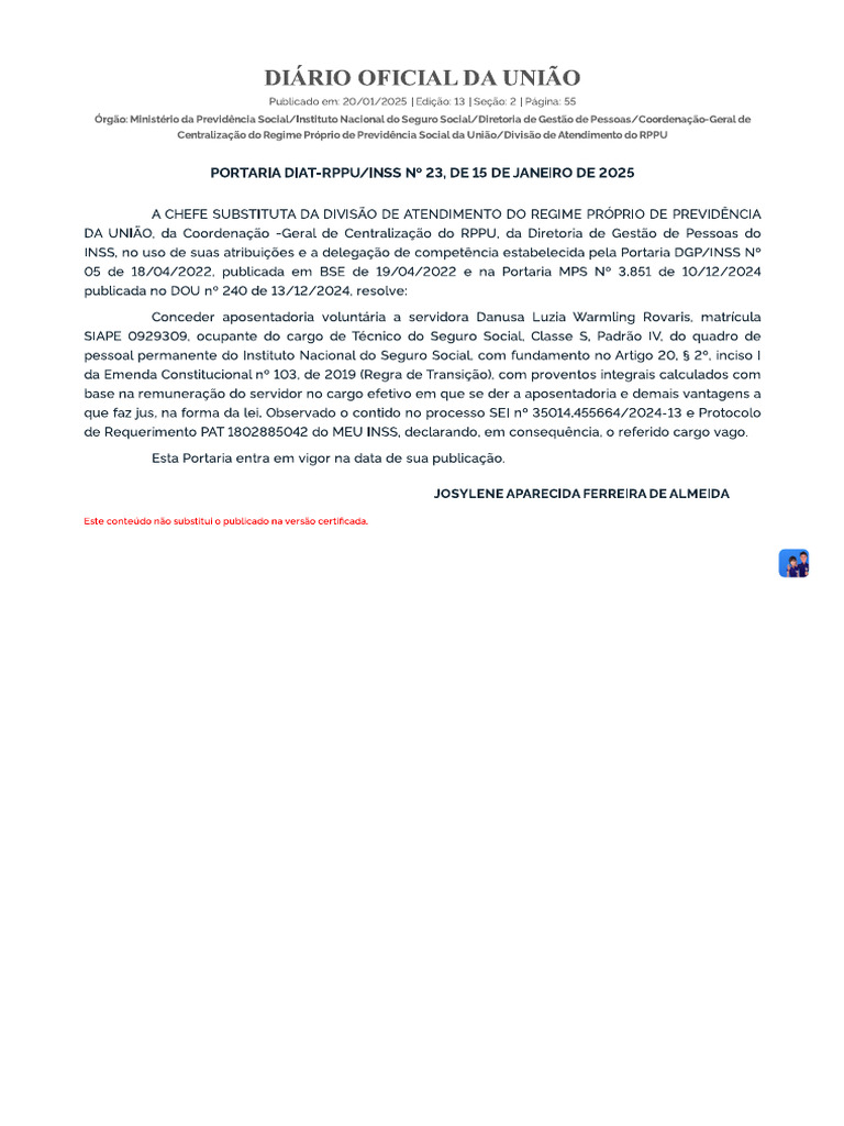 DOU X Publicação Aposentadoria | PDF