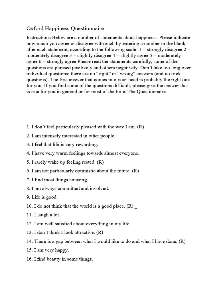 Oxford Happiness Questionnaire Guide | PDF