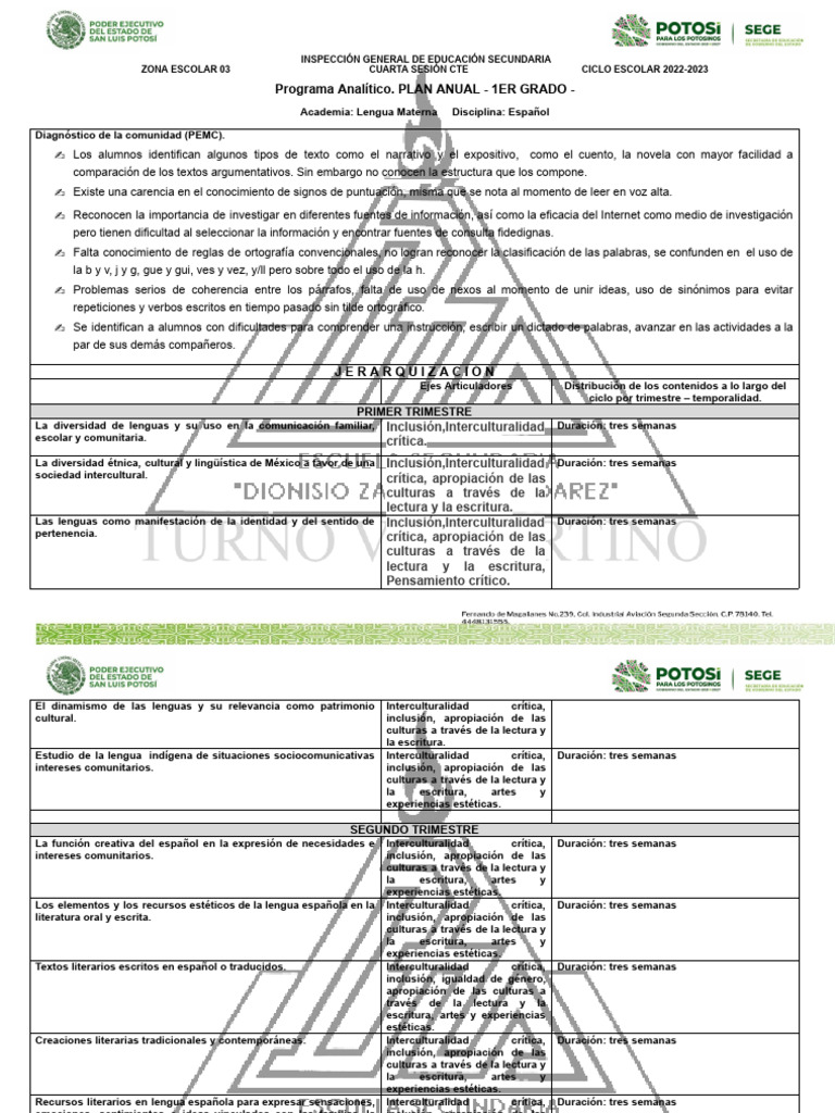 Diagnóstico y Plan Anual Español 1er Grado | PDF | Aprendizaje ...