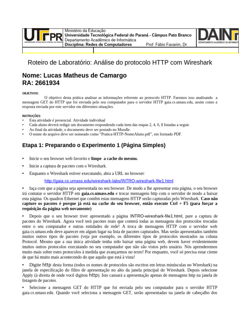Análise do Protocolo HTTP com Wireshark | PDF | Protocolo de controle ...