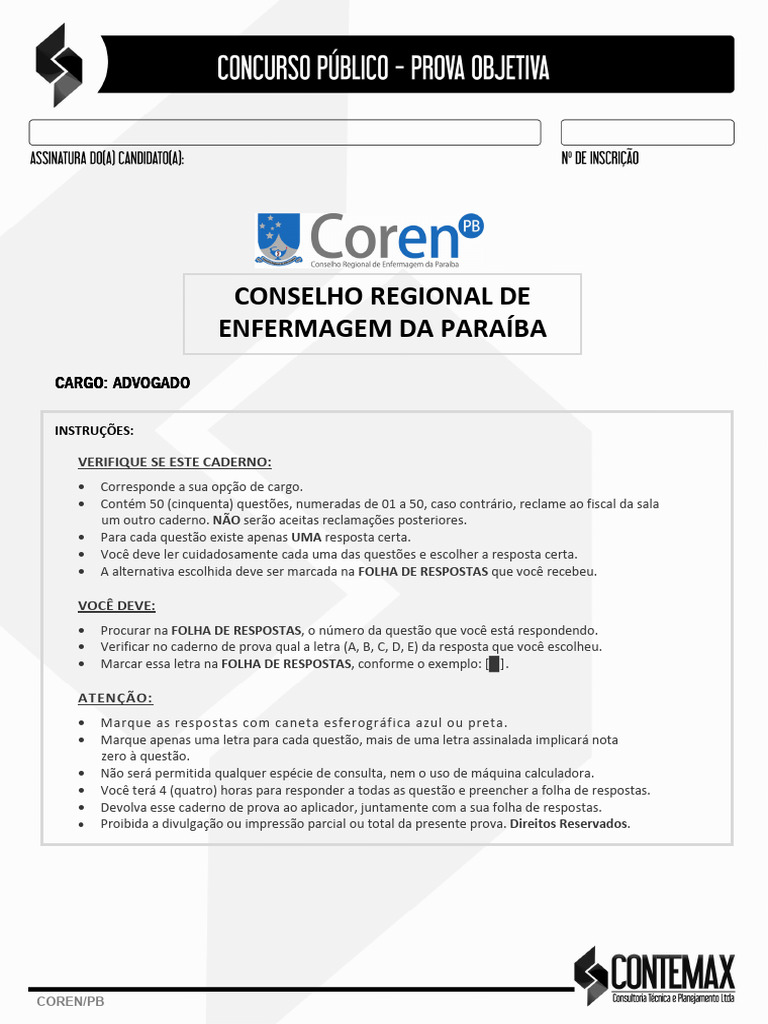Prova de Advogado COREN-PB: Instruções e Questões | PDF | Rede local ...