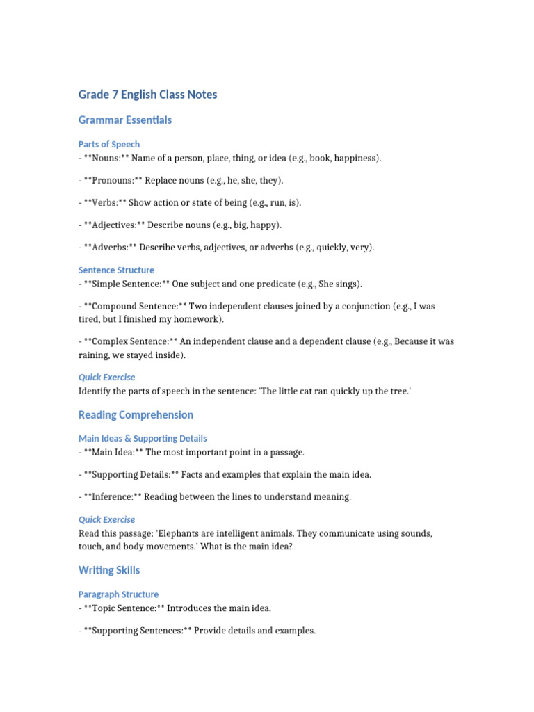 Grade 7 English Class Notes | PDF