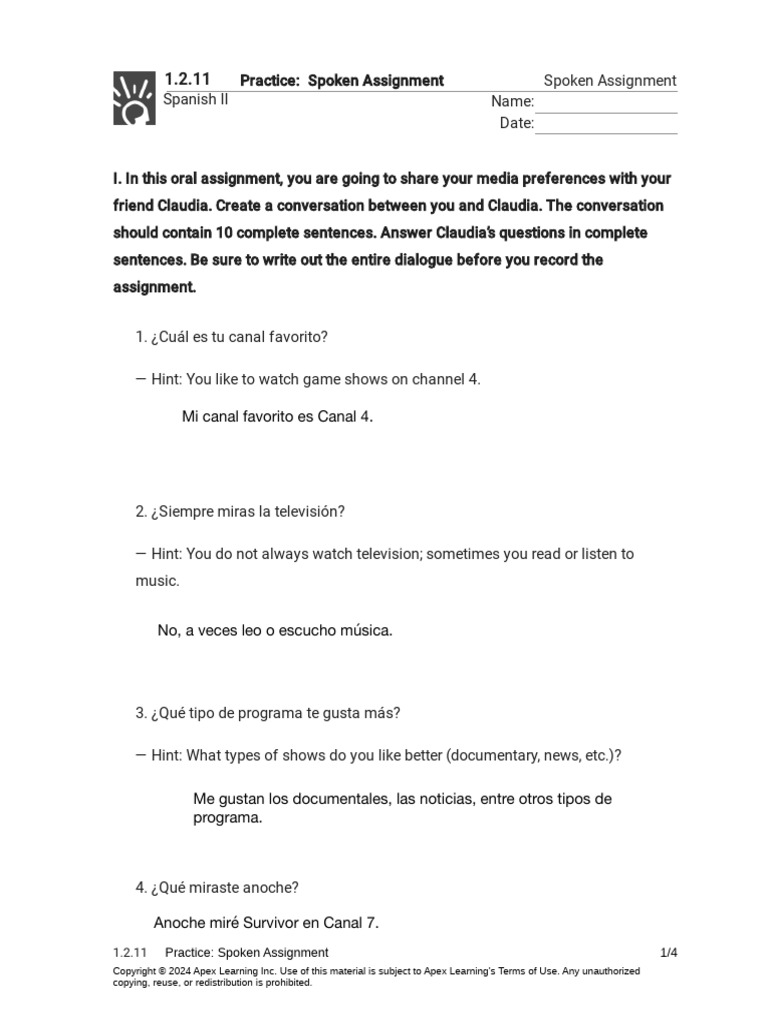1.2.11 Practice - Spoken Assignment (Spoken Assignment) | PDF