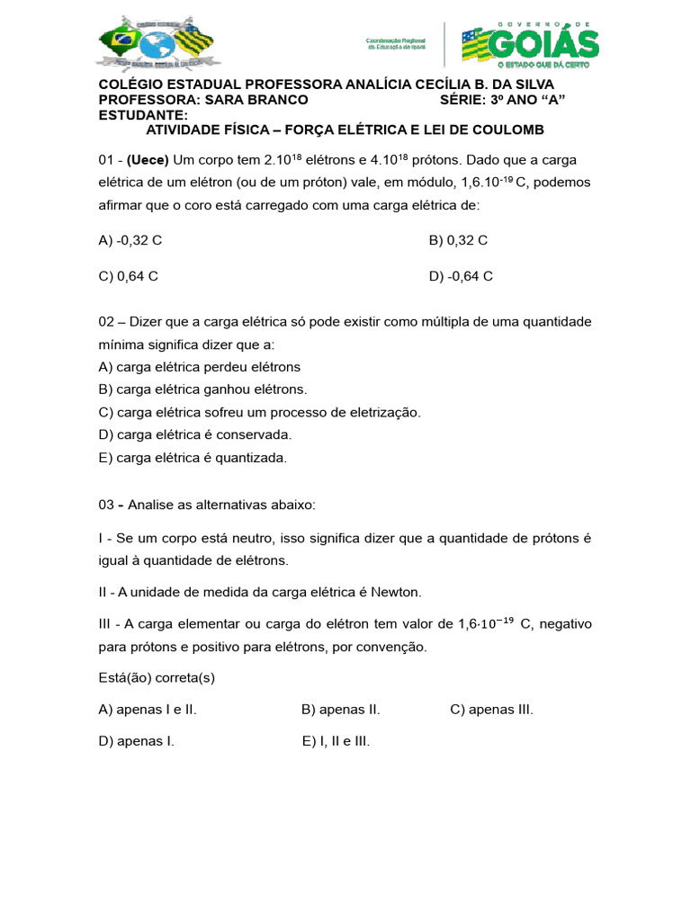 Atividades sobre Força Elétrica e Lei de Coulomb | PDF | Carga elétrica ...