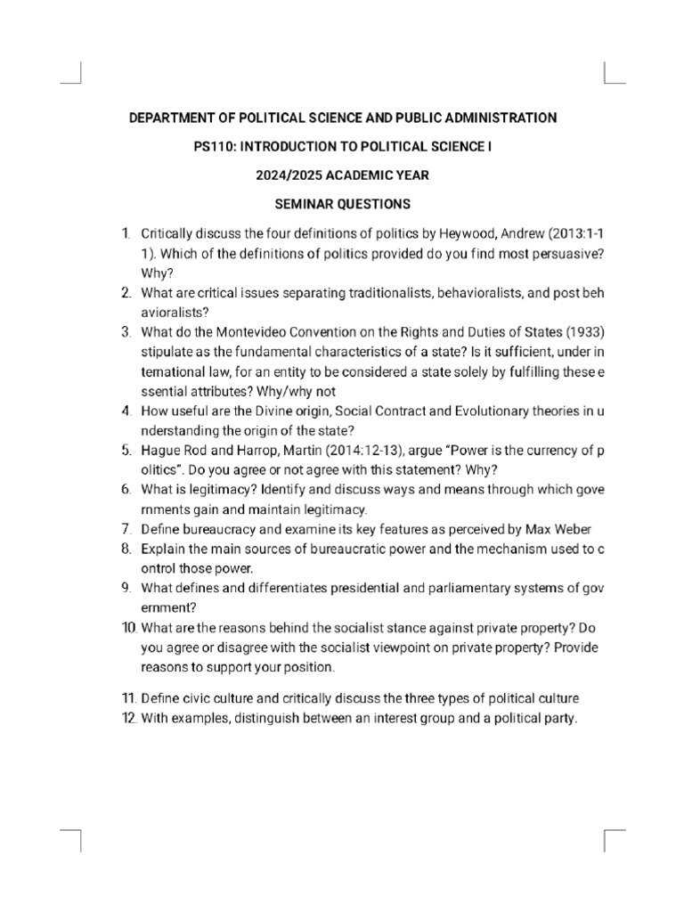 Seminar Questions - PS 110 | PDF