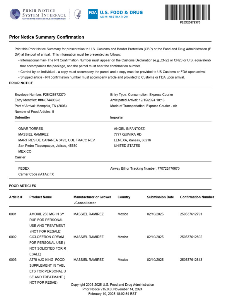 Prior Notice Summary for FDA Customs | PDF | Public Services