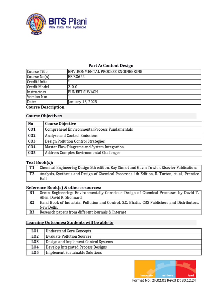 Environmental Process Engineering Course Guide | PDF | Water