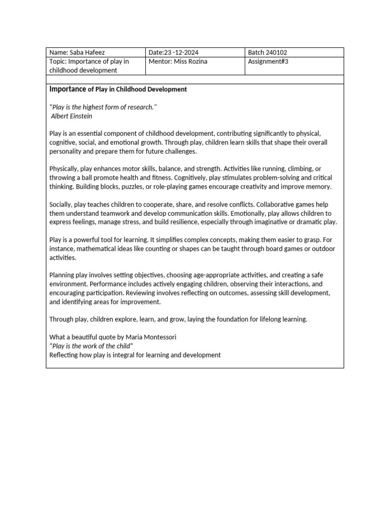 Importance of Play in Child Development | PDF