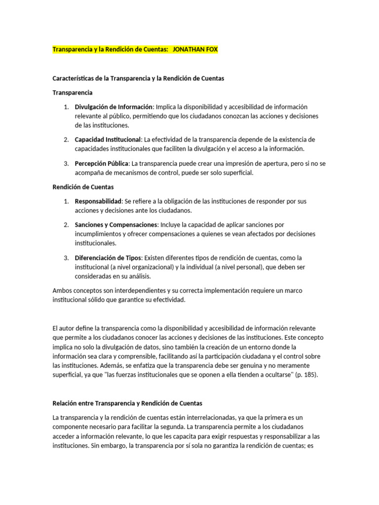 Características de La Transparencia y La Rendición de Cuentas | PDF ...