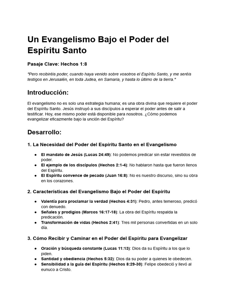 Un Evangelismo Bajo El Poder Del Espíritu Santo | PDF