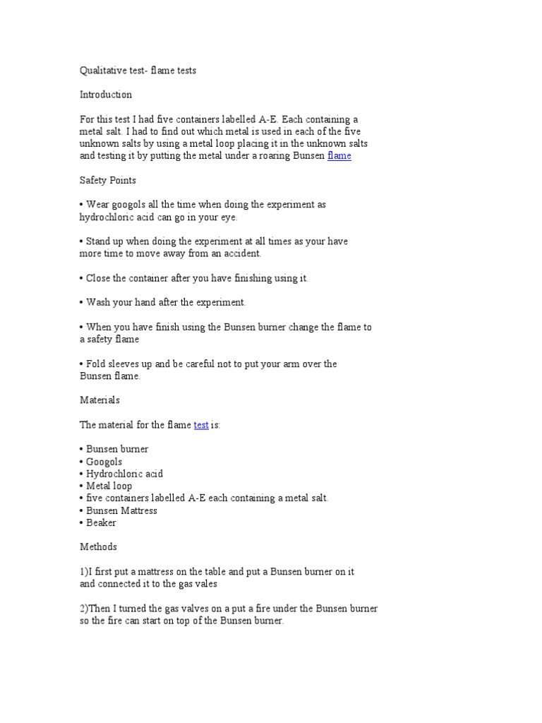 Flame Test Lab Report | Salt (Chemistry) | Metals