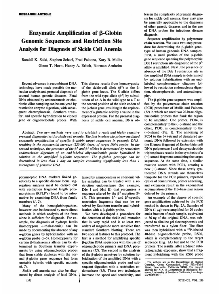 Sickle Cell Anemia DNA Diagnosis Methods | PDF | Polymerase Chain ...