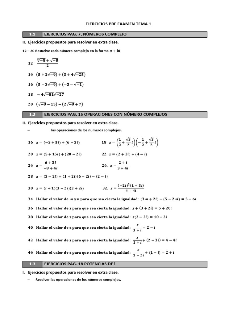 2 Ejercicios Pre Examen Tema 1 | PDF | Ecuaciones | Número complejo