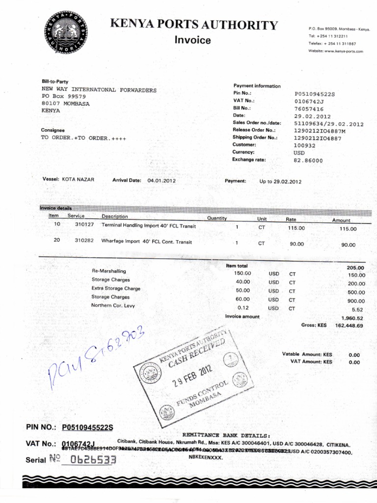 Kenya Ports Authority Invoice Details | PDF | Invoice | Taxes