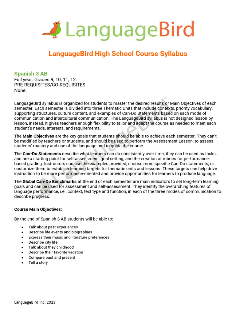 Spanish 3 AB Course Syllabus Overview | PDF | Interpersonal ...