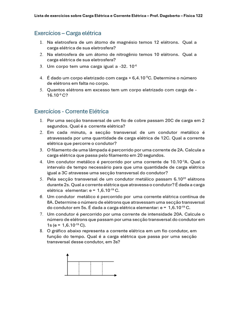 Exercícios de Carga e Corrente Elétrica | PDF | Corrente elétrica ...