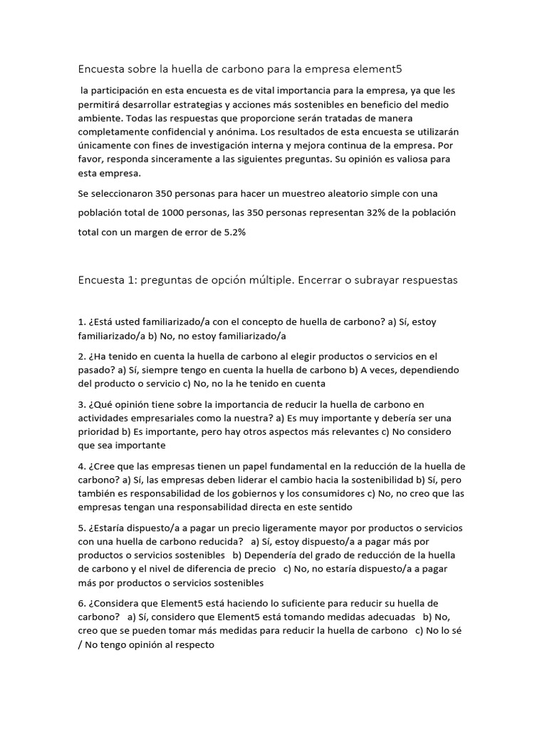 Encuesta Sobre La Huella de Carbono para La Empresa Element5 1 | PDF ...