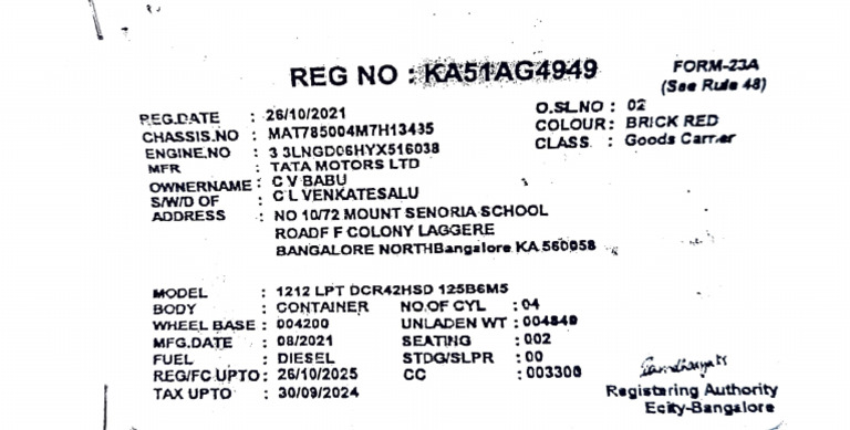 Vehicle Registration Certificate Details | PDF