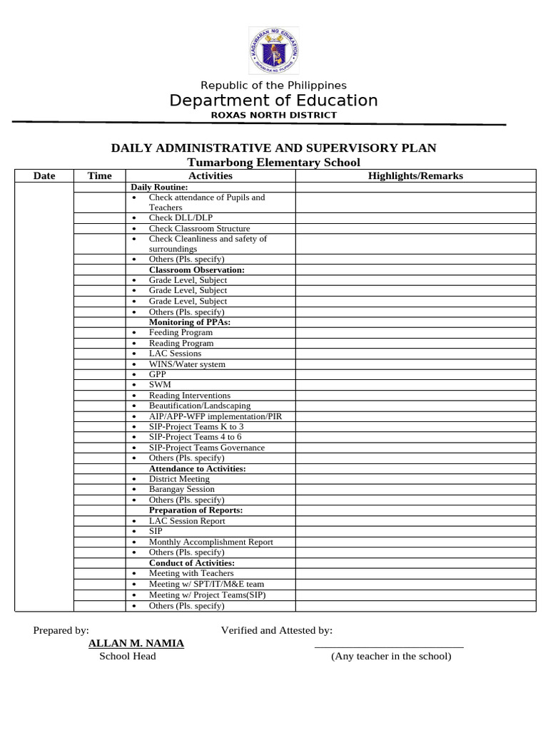 daily administrative & supervisory plan | PDF | Learning